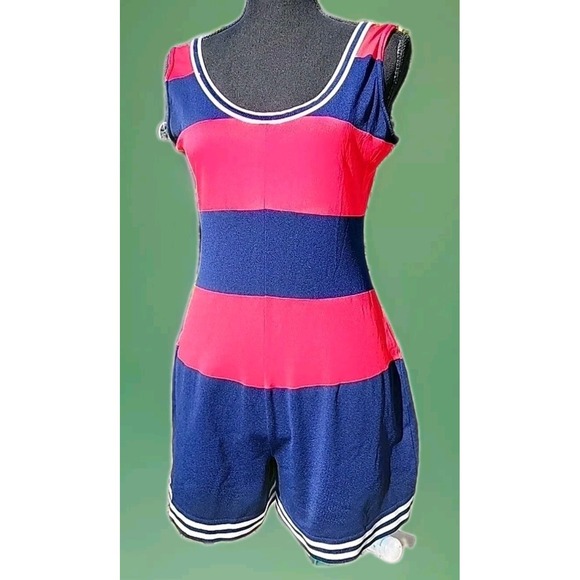 Red White Blue Striped Romper Whimsical Workout Stretchy Shorts‎   4th of July S - Picture 1 of 14